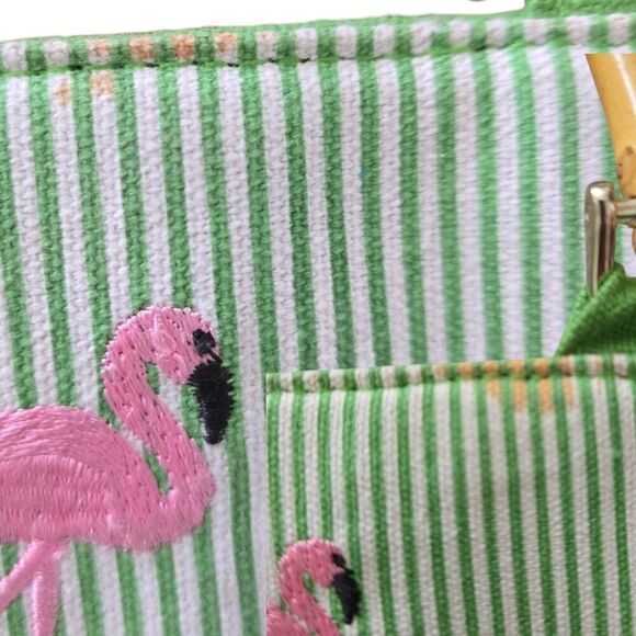 Flamingo Handbag with Bamboo Top Handle Green Pink White Women's - Picture 6 of 7